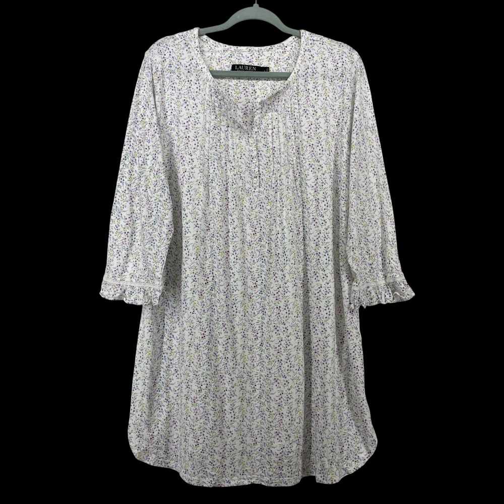 Lauren Ralph Lauren Size Large Nightgown Cottagecore White Floral Pintuck Ruffle